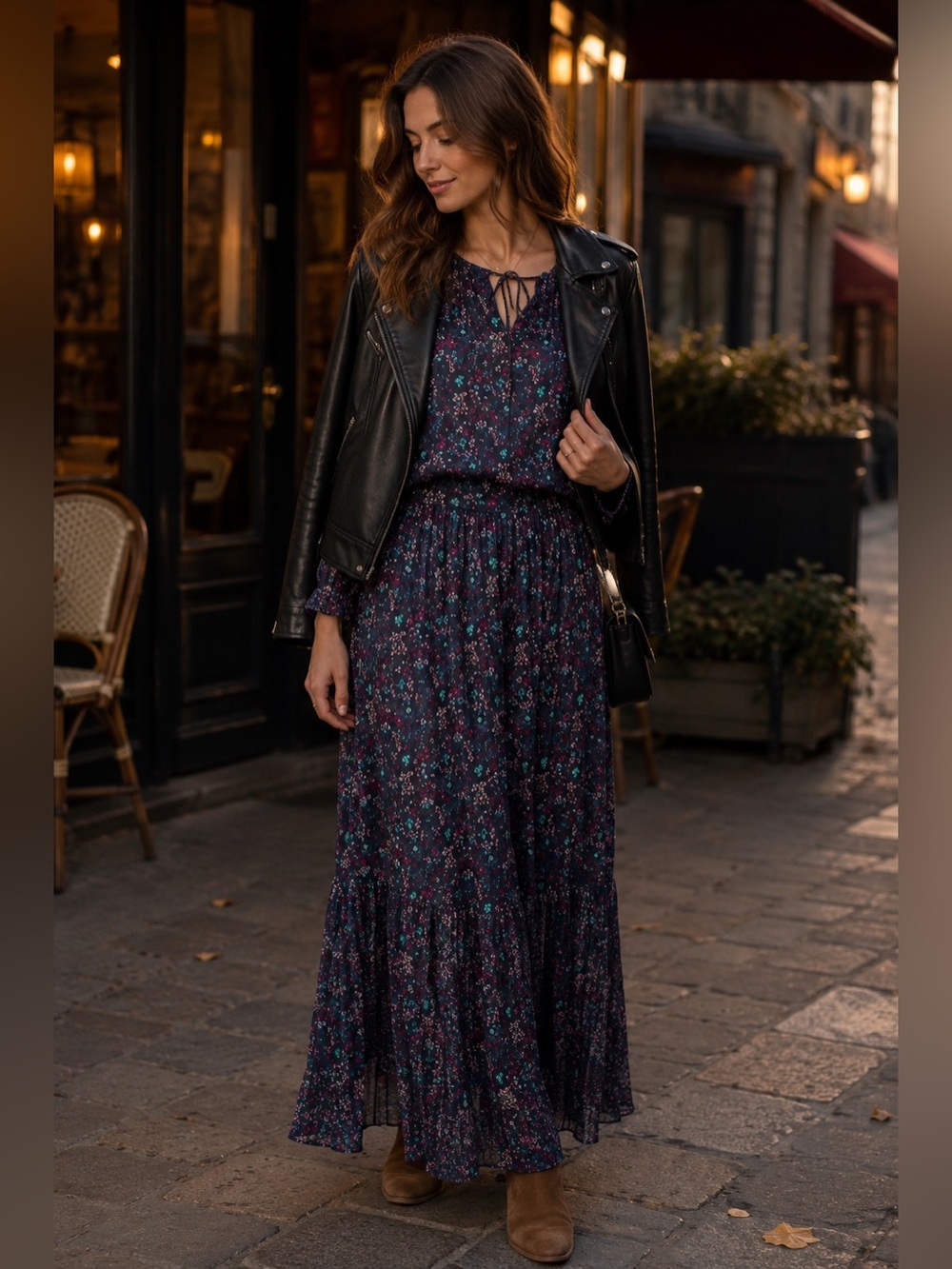 Gérard Darel Paris maxi dress dark Floral Paisley Pleated Long Sleeve purple 4